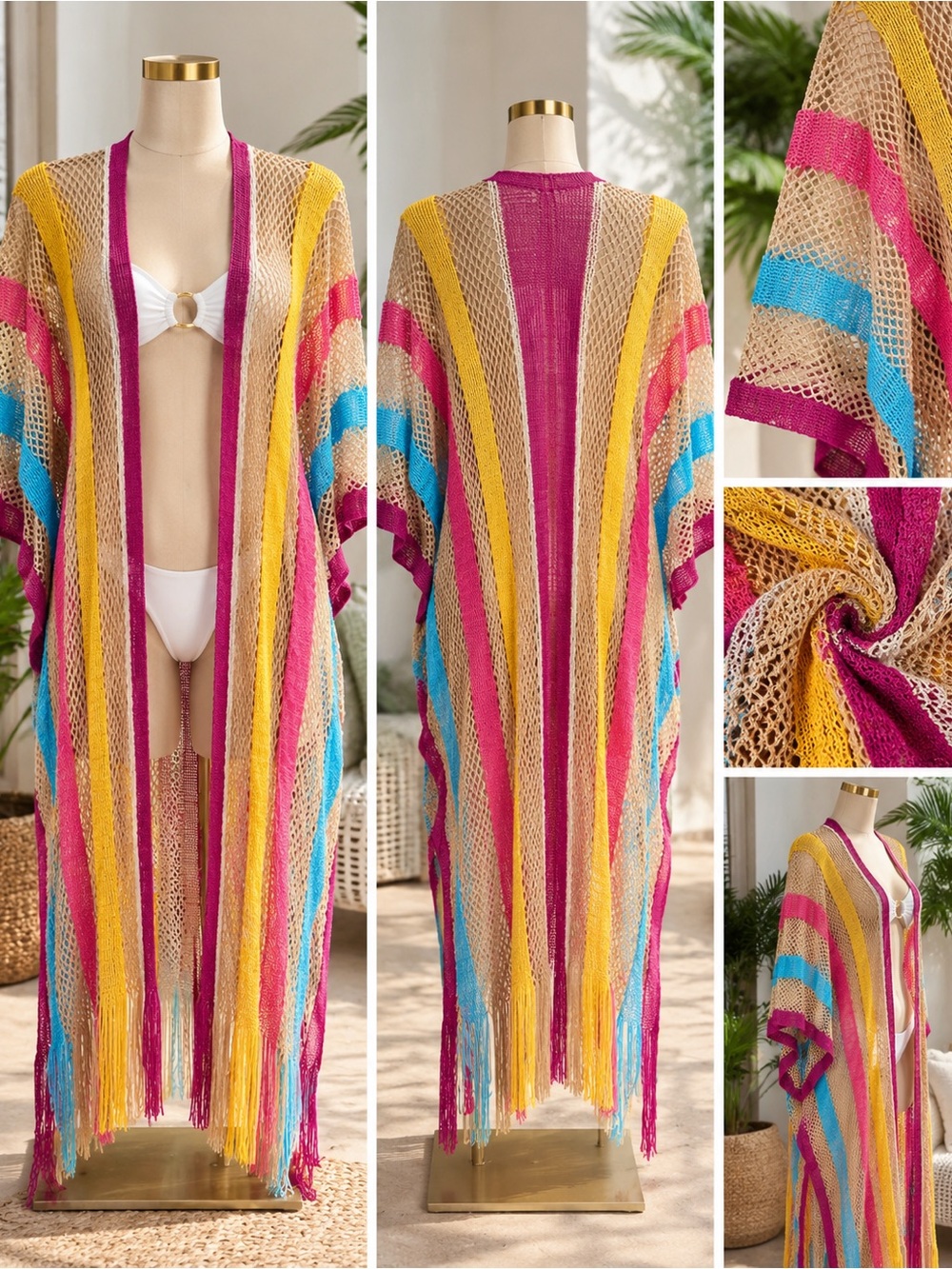 Striped Open-Knit Beach Kimono - Fuchsia, Yellow, Blue